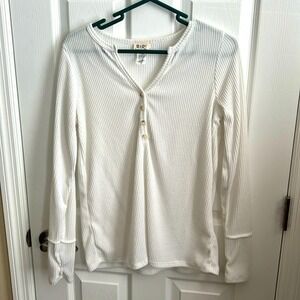 BiBi White Ribbed Knit Henley Long Sleeve‎ Button Down Top Small Thumb Holes
